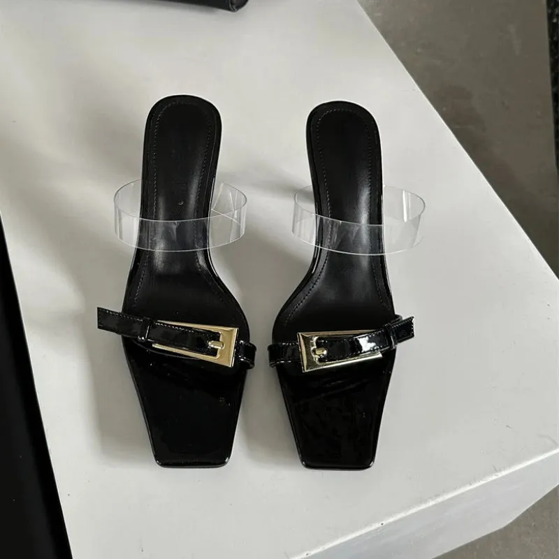 Amozae-Square Head Transparent High Heels Women Open Toe Stiletto Heel Sandals Metal Buckle Sexy Designer Party Heeled Slippers Women