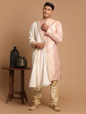 Jashvi Men's Pink And Gold Silk Blend Sherwani Set With Cream Colour Dupatta Jashvi Men's Pink And Gold Silk Blend Sherwani Set With Cream Colour Dupatta