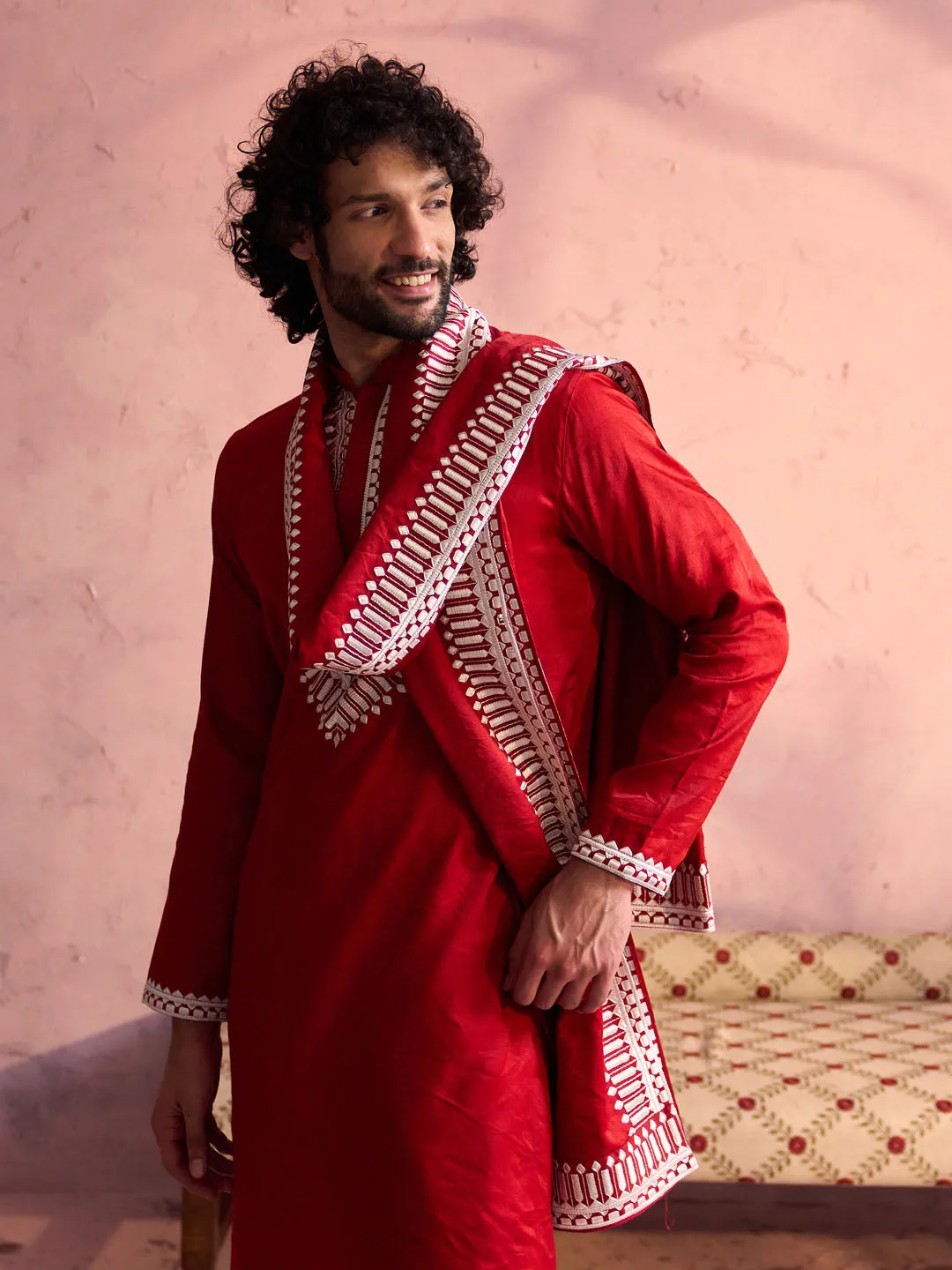 Jashvi Men's Red Silk Blend Machine Embroidered Kurta Pyjama With Silk Dupatta Set