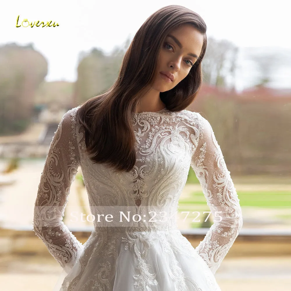 O-Neck Long Sleeve Robe Beaded Lace Appliques A-Line Wedding Dress