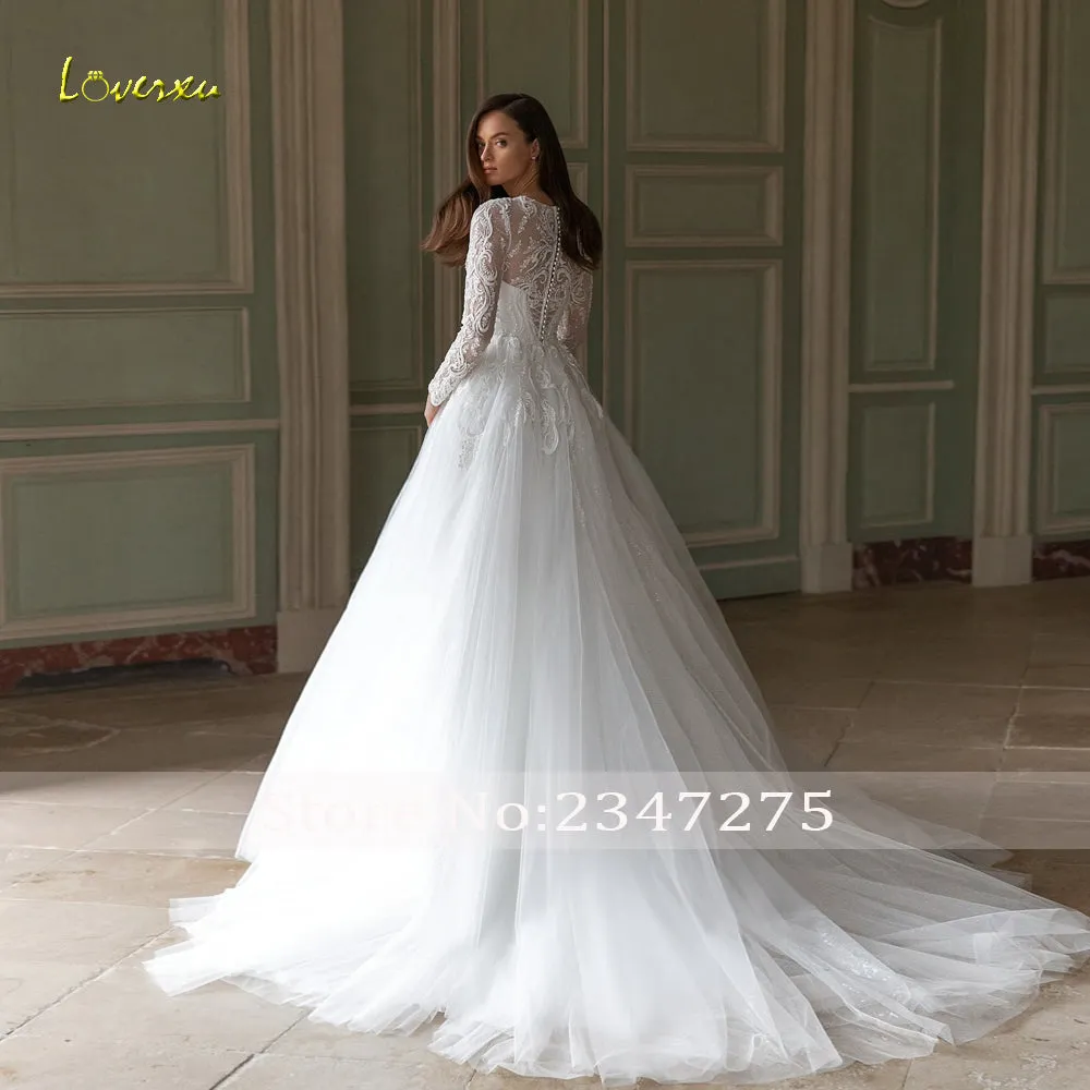 O-Neck Long Sleeve Robe Beaded Lace Appliques A-Line Wedding Dress