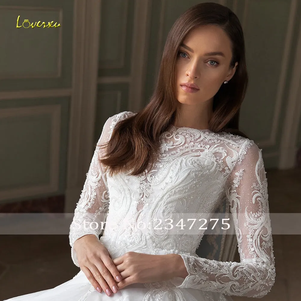 O-Neck Long Sleeve Robe Beaded Lace Appliques A-Line Wedding Dress