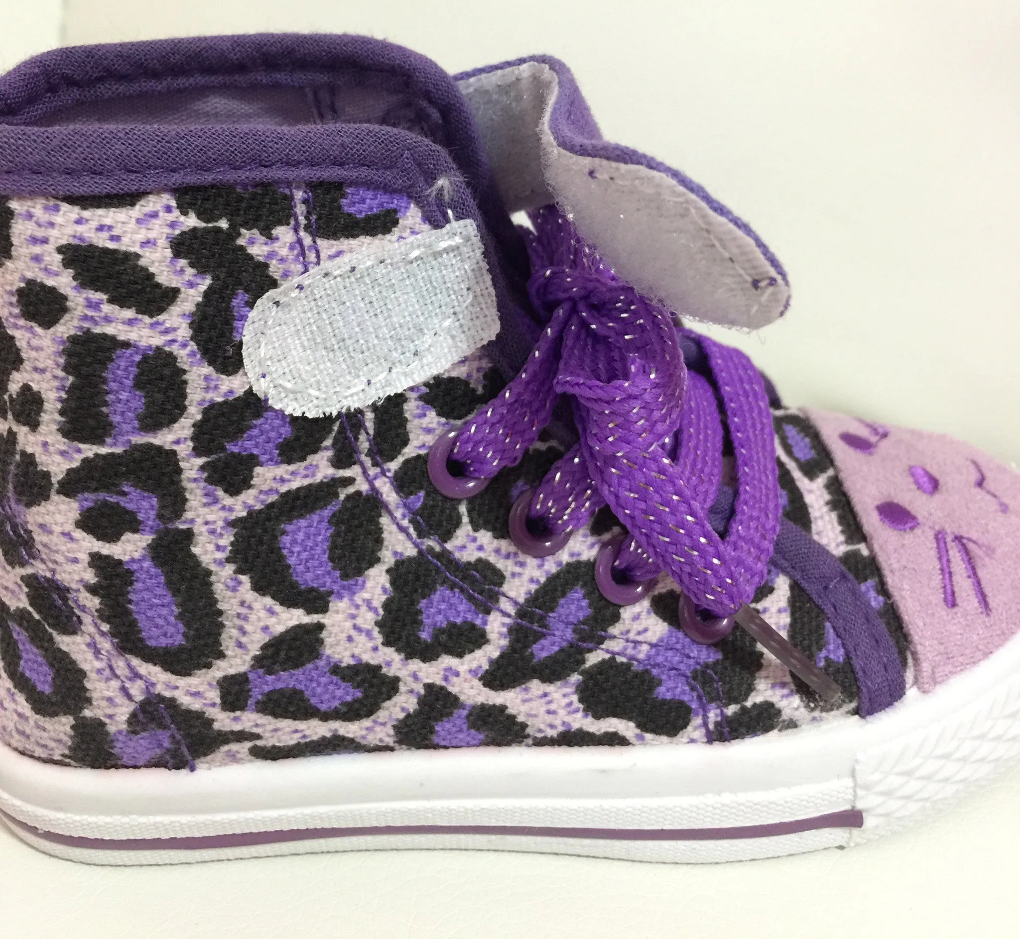 Purple Leopard Kitty Kids High Top Lace Up Fashion Girls Sneaker