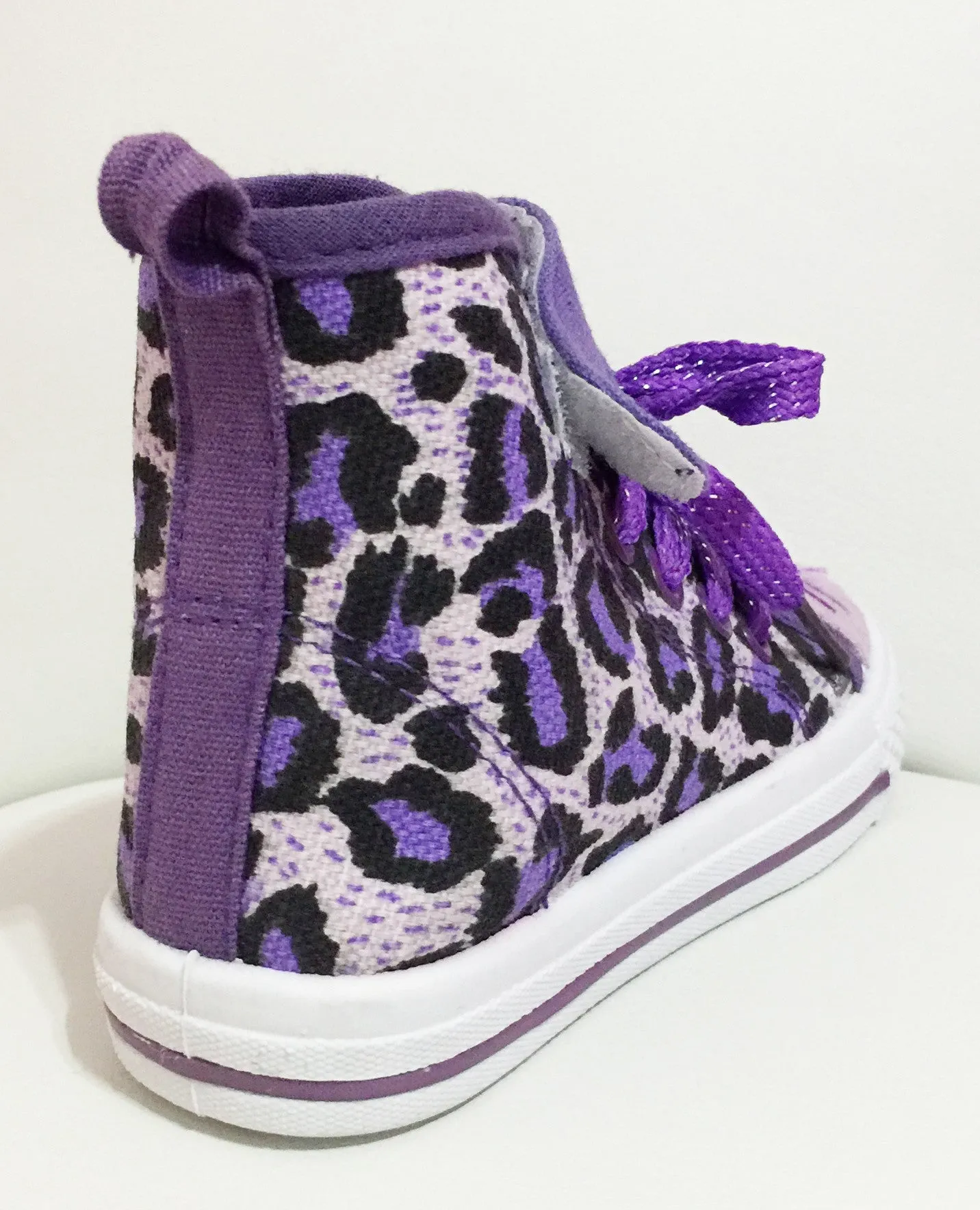 Purple Leopard Kitty Kids High Top Lace Up Fashion Girls Sneaker