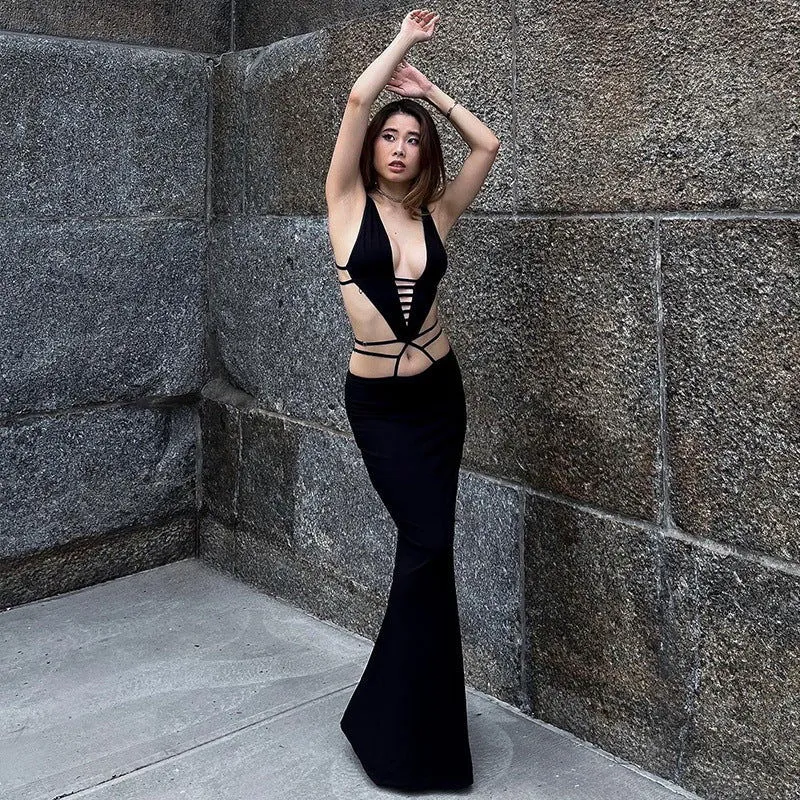 Sleeveless Hollow Out Lace Backless Milk Silk Dresses