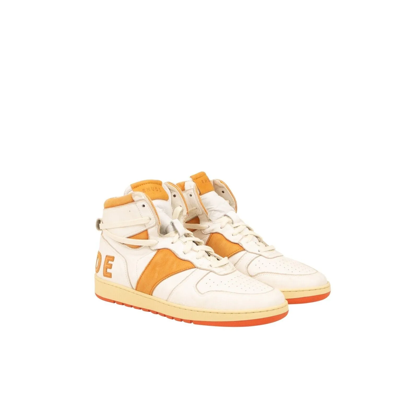White & Orange Leather Rhecess Hi Top Sneakers