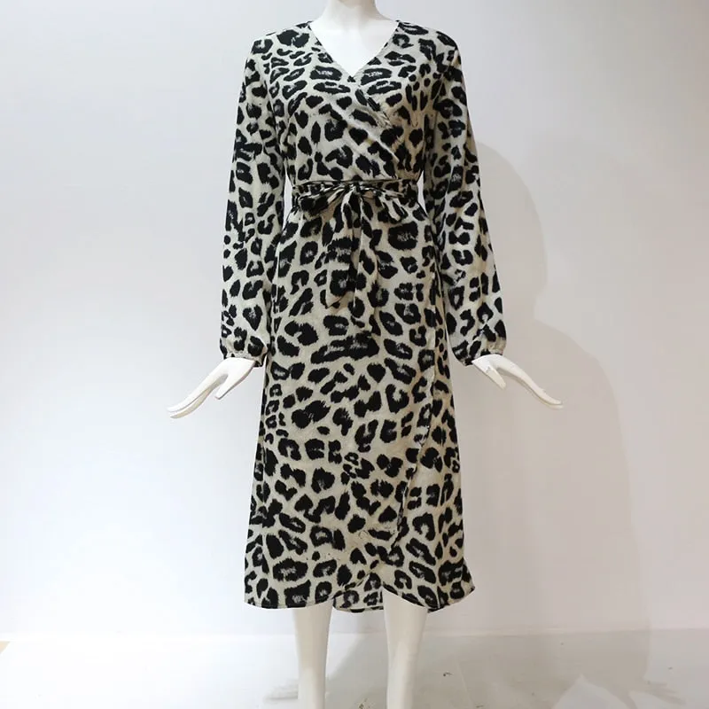 Women Chiffon Leopard Print Long Sleeve Dress