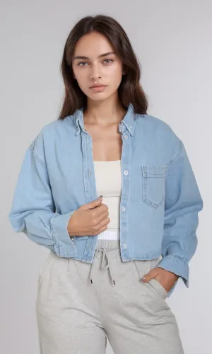 Women Cropped Jean Shirt (Blue) Women Cropped Jean Shirt (Blue)